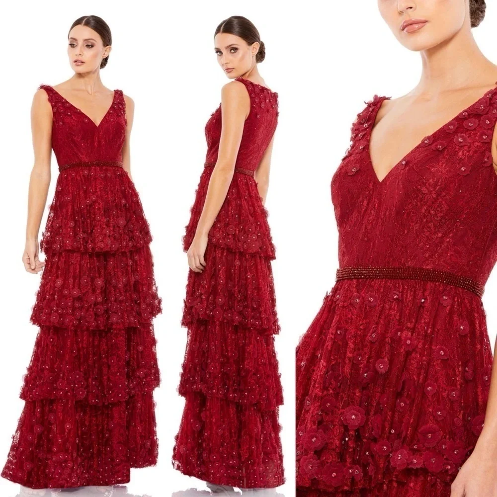 NEW $698 MAC DUGGAL 67710 BURGUNDY FLORAL RUFFLED TIERED SLEEVELESS GOWN Sz 10 - Picture 1 of 16